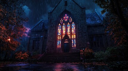 A Gothic Church Bathed in Rain and Stained Glass Light