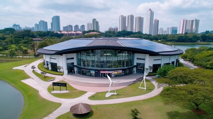 Modern Building with Solar Panels in Urban Park