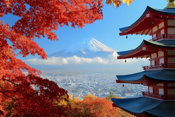 A red pagoda with a view of Mt. Fuji and autumn foliage.