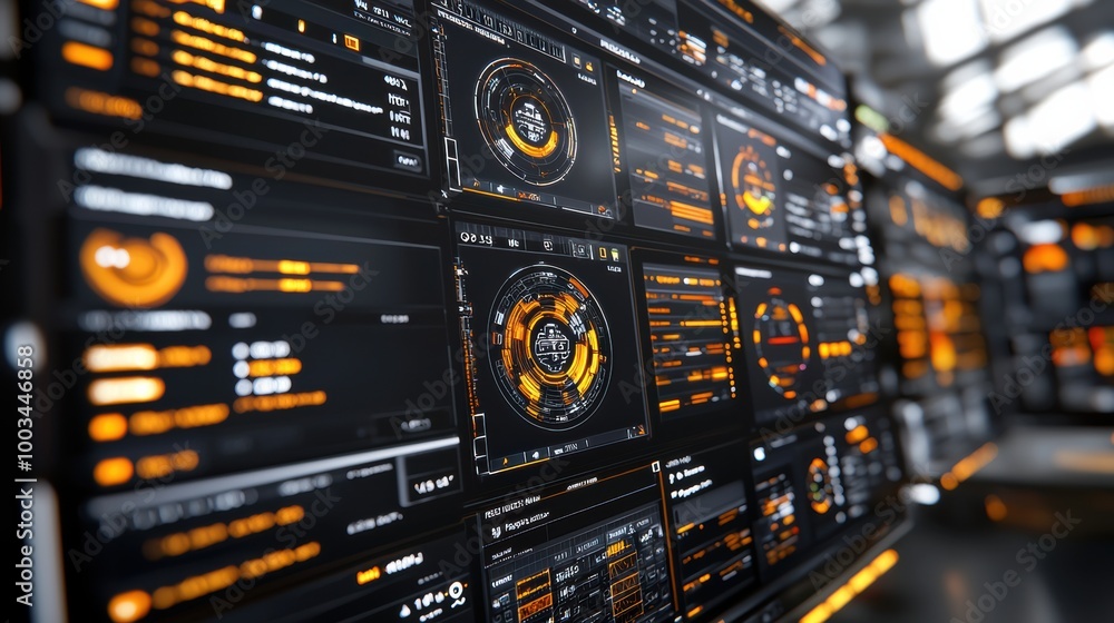 Poster futuristic user interface with data visualization panels