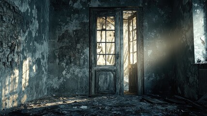 Fototapeta premium A Sunlit Doorway in an Abandoned, Crumbling Building