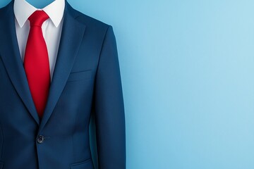Blue suit with a red tie against a light blue background, representing professionalism and style.