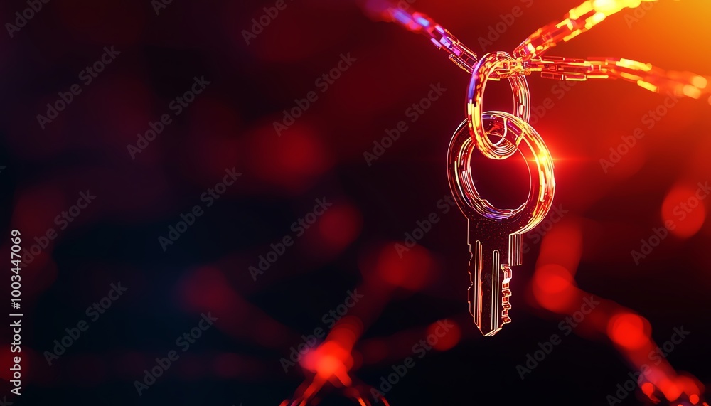 Poster close-up of a key suspended in abstract digital lines, symbolizing security and data protection.