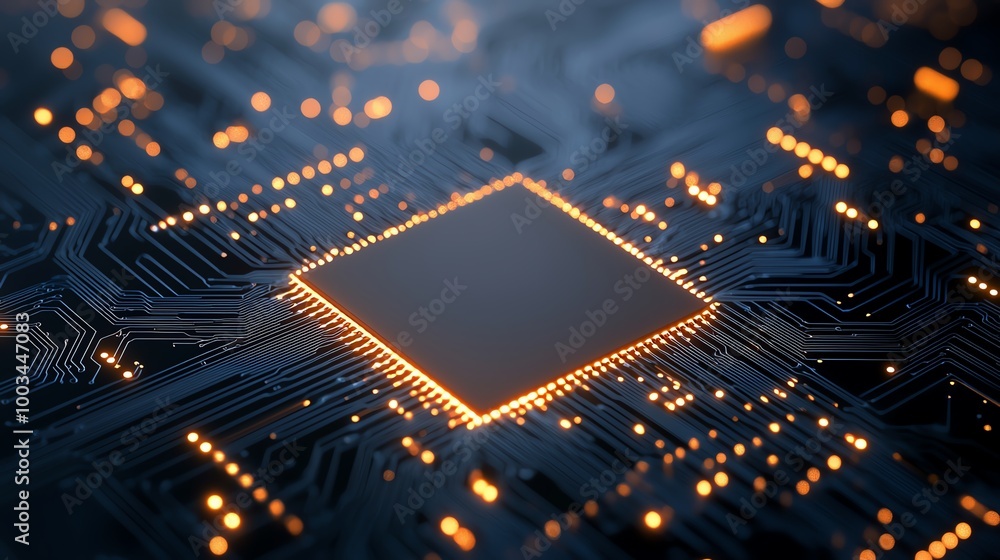 Poster close-up of a modern microchip with glowing connections on a circuit board, showcasing intricate ele