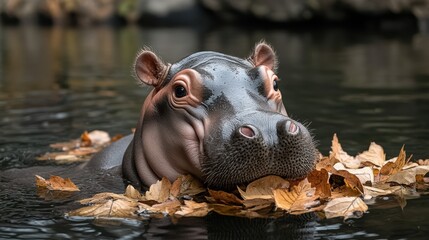 Fototapeta premium Hippo resting in water surrounded by autumn leaves, serene nature scene.