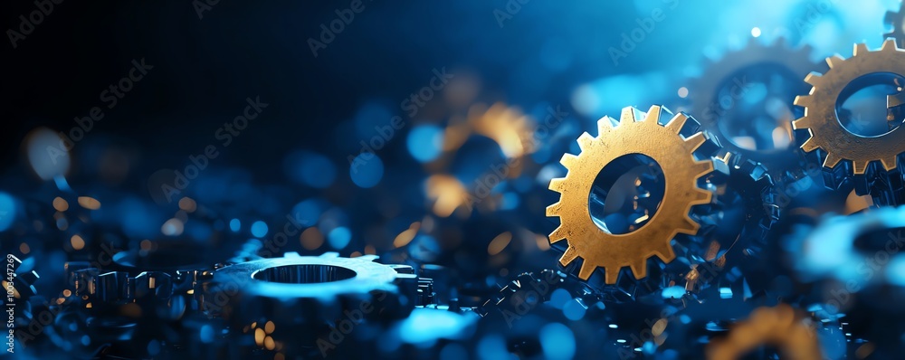 Poster close-up of intricate gears in dynamic motion with a blue backdrop, creating a mechanical and indust