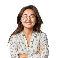 Portrait of a beautiful, smiling woman wearing glasses with arms crossed, isolated on transparent background