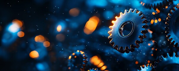 Fototapeta premium Close-up of metallic gears in motion against a dark blue background, showcasing precision engineering and technology.