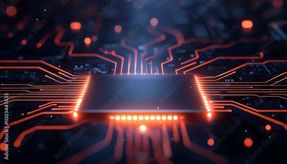 Poster close-up view of a computer chip with circuitry and glowing connections on a dark background.