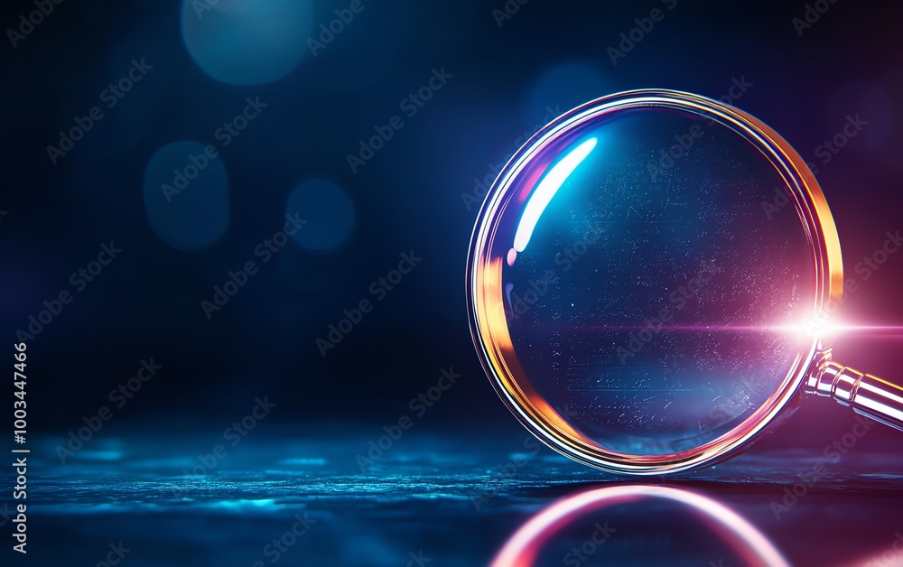 Poster close-up view of a magnifying glass reflecting colorful lights on a dark surface.