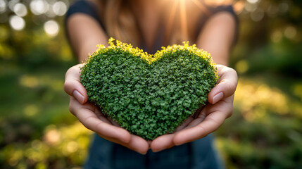 Human hands gently cradle a heart-shaped patch of vibrant green grass, symbolizing love for nature, environmental awareness, and the importance of nurturing our planet for future generations