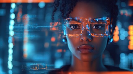 A woman's head filled with digital codes, blending beauty and technology