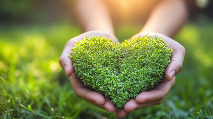 Human hands gently cradle a heart-shaped patch of vibrant green grass, symbolizing love for nature, environmental awareness, and the importance of nurturing our planet for future generations