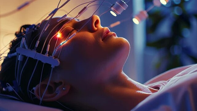 Woman lying down with eyes closed, receiving brain stimulation treatment with electrodes for improved mental well being