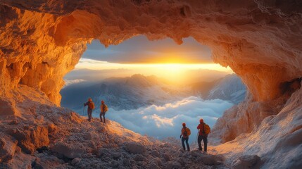 Sunset view from a cave with hikers exploring the landscape.