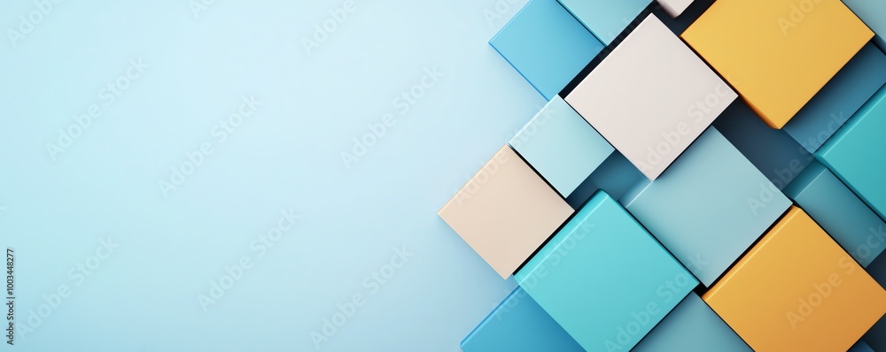 Poster colorful geometric shapes arranged on a soft blue background, creating a modern and abstract design.