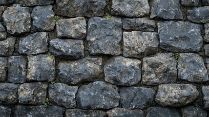Obraz premium Close-up of a Grey Stone Wall with Small Green Plants Growing in the Cracks