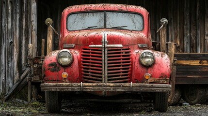 Vintage Red Truck with Rustic Wooden Background