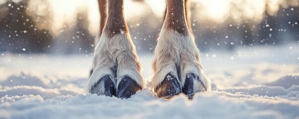 Obraz premium Close-up of hooves in snow, capturing the beauty of nature in winter. Soft sunlight creates a serene atmosphere.