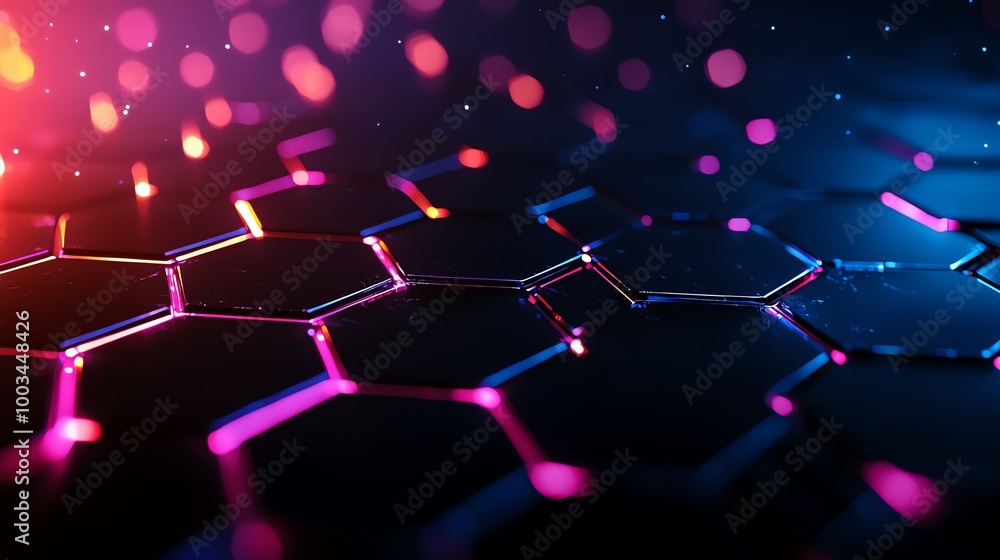 Aufkleber colorful hexagonal pattern with glowing lights on a dark background, ideal for abstract technology t