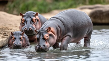 Fototapeta premium Three hippos swimming in water, displaying natural behavior in their habitat.
