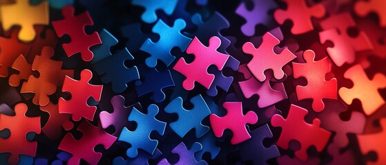 Colorful jigsaw puzzle pieces scattered randomly on a vibrant background, showcasing a mix of shapes and colors.