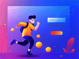 Fototapeta premium Young man running with a backpack, chasing after virtual coins in a vibrant digital landscape.
