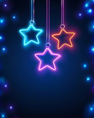 Fototapeta premium Colorful neon stars hanging on a dark background with glowing lights, perfect for festive designs and celebrations.