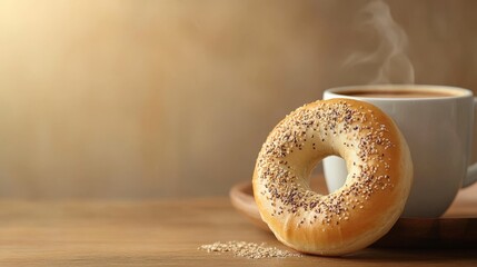 A steaming cup of coffee and a poppy seed bagel on a wooden table.