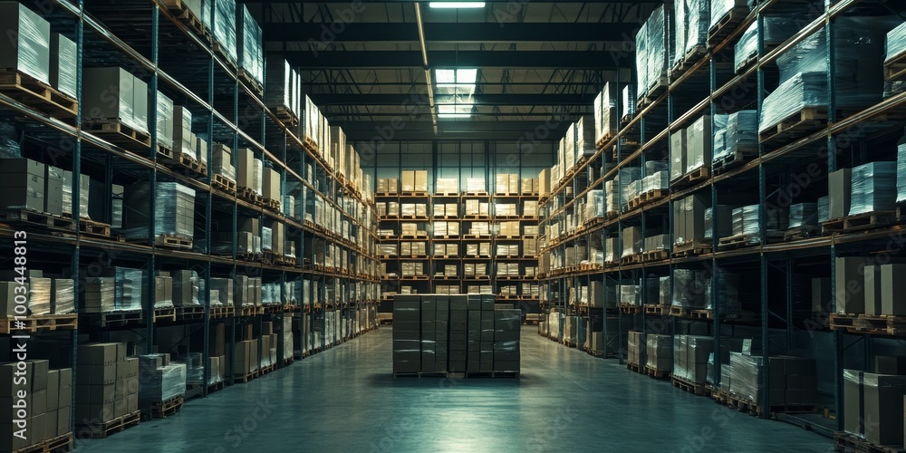 Wall mural an aisle in a large warehouse is lined with shelves full of cardboard boxes.