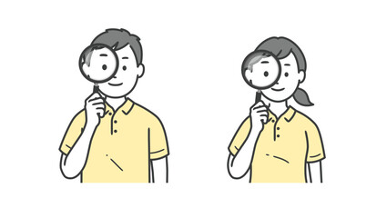 虫眼鏡を持つ介護士男女の上半身イラスト