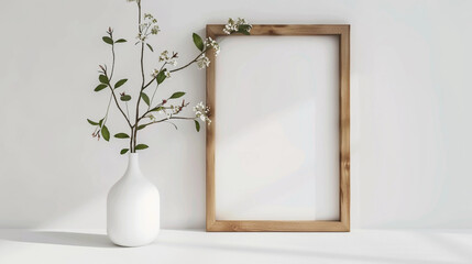 A blank white wooden frame with room for copy text next to vase with flowers simple advertisement