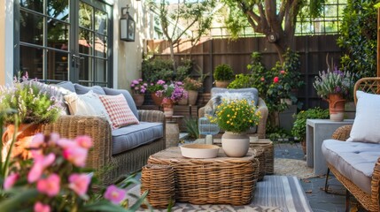 Modern style terrace with comfortable garden furniture area AI generated image