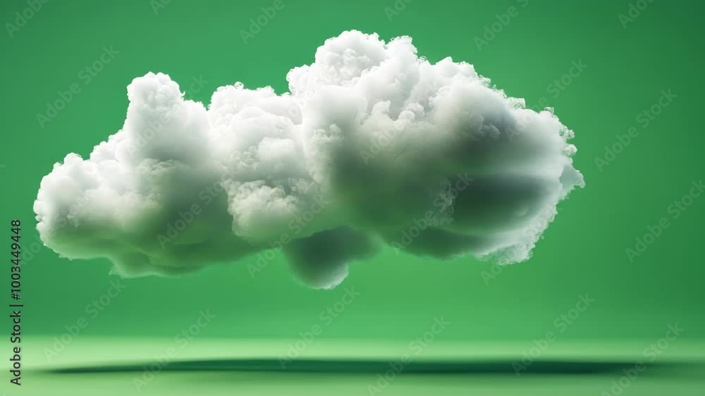 Poster fluffy white cloud casting a shadow is floating on a seamless looping green screen background, perfe
