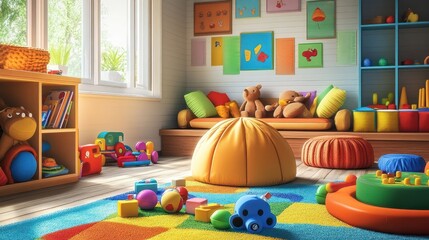 A colorful and inviting playroom with a bright rug, bean bag chair, and toys.