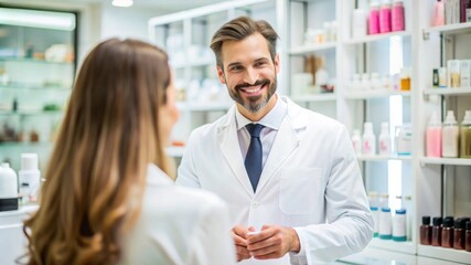 Cheerful Sales Consultant Assisting Customer in a Bustling Cosmetic Store