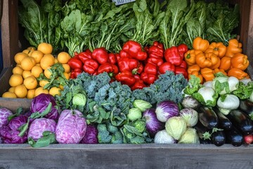 A colorful assortment of fresh produce including lemons, red peppers, kale, green cabbages, red cabbages, eggplant, and white cabbages in a wooden crate.