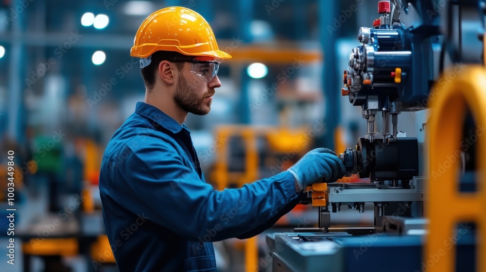 Poster worker performing machine calibration in industrial setting