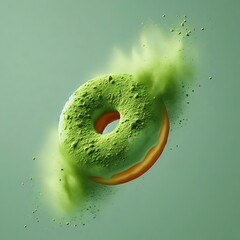 Delicious Matcha Green Tea Donut - Suspended in Air with a Dusting of Matcha Powder Cascading Down, This Treat Captures Attention with Its Beautifully Vibrant Green Color and Enticing Appearance.

