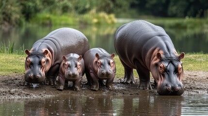 Fototapeta premium Group of hippos wading near a water body in a natural habitat.