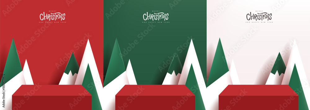 Wall mural merry christmas banner with product display table and artificial christmas trees backdrop