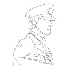 The captain of the ship in a cap. Ship liner frigate logo symbol. Portrait of a sailor officer in uniform.One continuous line .One continuous drawing line logo isolated minimal illustration.