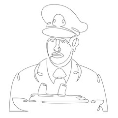 The captain of the ship in a cap. Ship liner frigate logo symbol. Portrait of a sailor officer in uniform.One continuous line .One continuous drawing line logo isolated minimal illustration.
