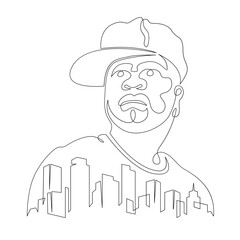Rapper in a baseball cap. City silhouette of skyscrapers. Rapper singer logo portrait.One continuous line .One continuous drawing line logo isolated minimal illustration.