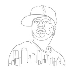 Rapper in a baseball cap. City silhouette of skyscrapers. Rapper singer logo portrait.One continuous line .One continuous drawing line logo isolated minimal illustration.