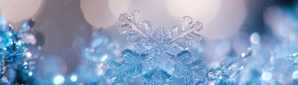 Poster close-up view of a beautiful snowflake on a shimmering surface, showcasing intricate details and a f