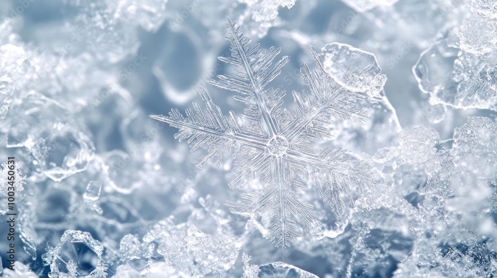 Poster close-up of a unique snowflake resting on a bed of ice crystals, showcasing intricate patterns and t