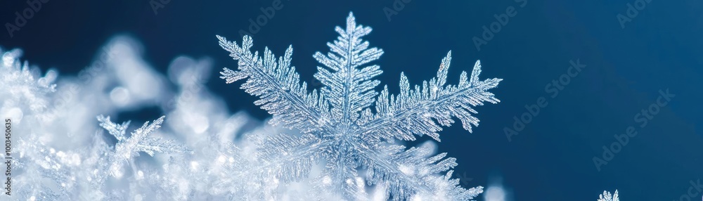 Poster delicate snowflake resting on pristine snow, showcasing intricate patterns, glistening under soft li