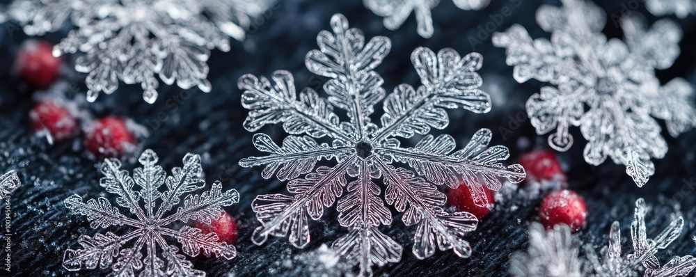 Poster close-up of delicate snowflakes with intricate patterns and vibrant red berries on a dark surface, p