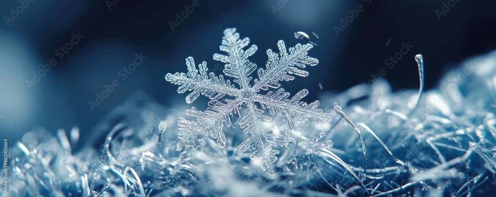 Poster a delicate snowflake resting on soft fibers, showcasing intricate patterns and the beauty of winter'